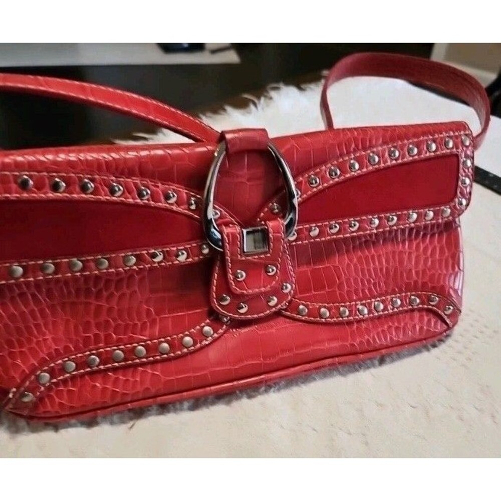 Nine West Vintage Red Faux Crocodile Shoulder Bag Studded Y2K Punk Grunge Purse - Picture 4 of 10